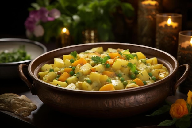 a pan of food with a pot of vegetables and a pot of rice