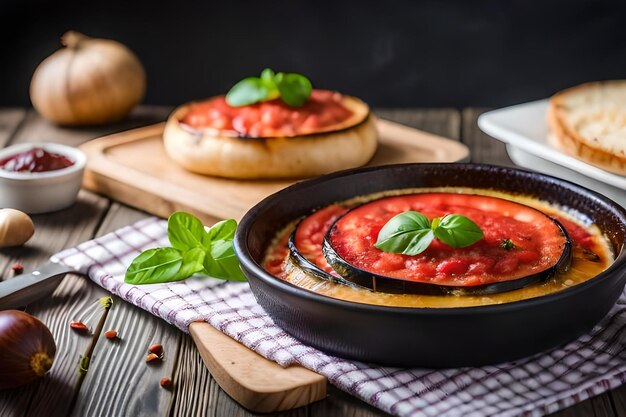 Photo a pan of food with tomato sauce and basil on a wooden table