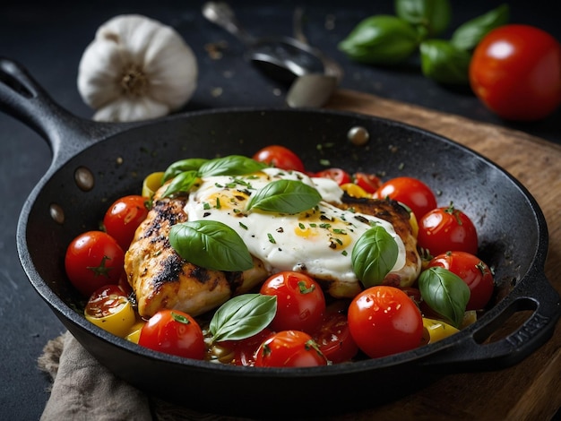 Photo a pan of food with tomatoes and basil