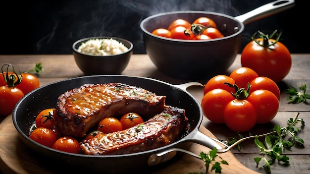 a pan of food with tomatoes and rice and tomatoes on a table