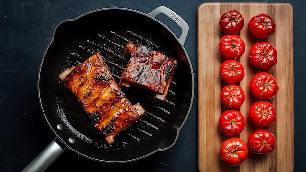 a pan of food with tomatoes and a wooden board with the word  on it