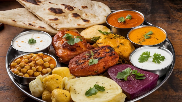 a pan of food with a variety of food items including tortillas cauliflower and a side of bread