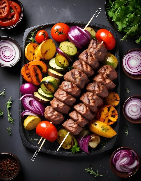 a pan of food with a variety of vegetables including meat vegetables and tomatoes