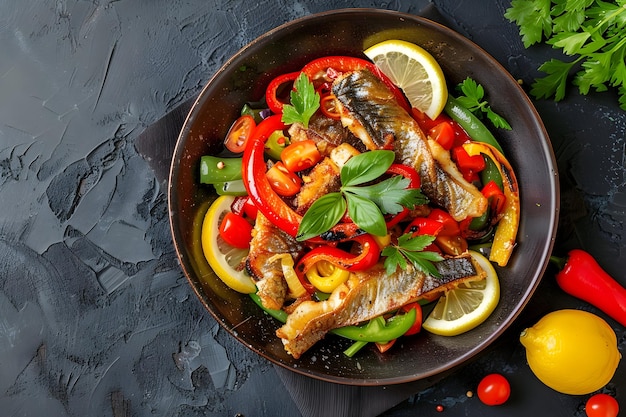 Photo a pan of food with vegetables and fish