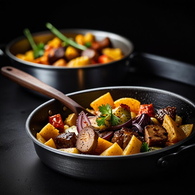 Photo a pan of food with a wooden spoon in it that says veggie