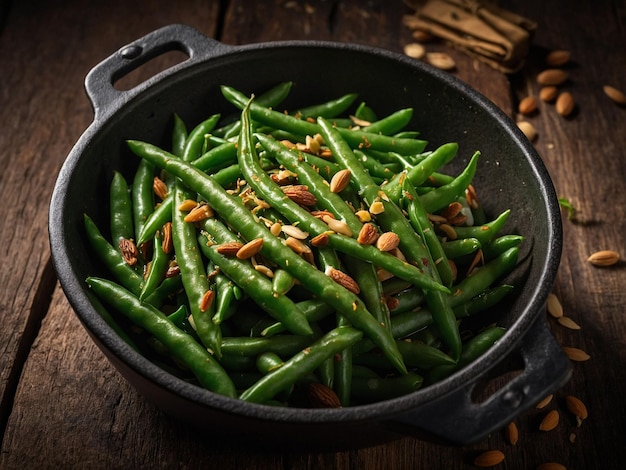 Photo a pan of green beans with seeds and a pan of seeds