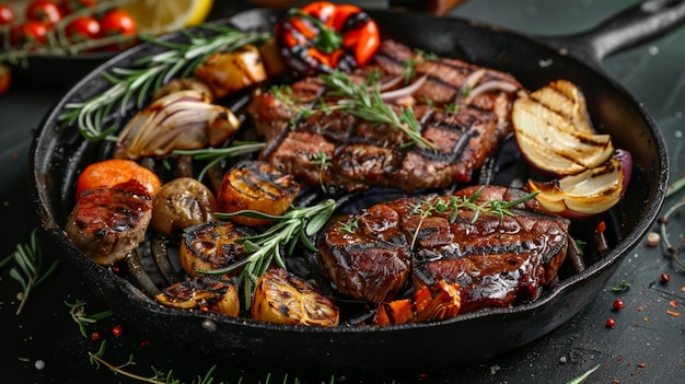 a pan of grilled meat with vegetables and mushrooms