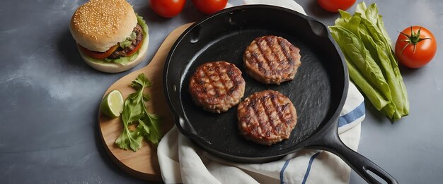 Photo a pan of hamburgers with tomatoes and lettuce