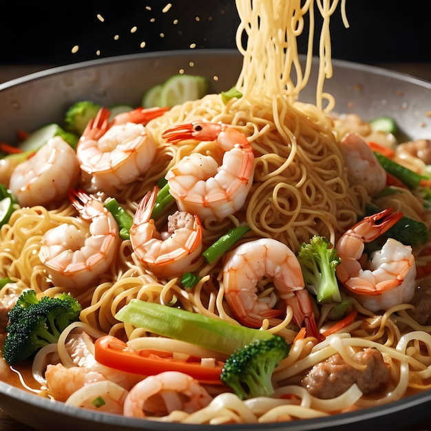 A pan of hot and tasty seafood fried noodle