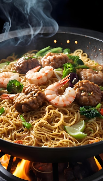 A pan of hot and tasty seafood fried noodle