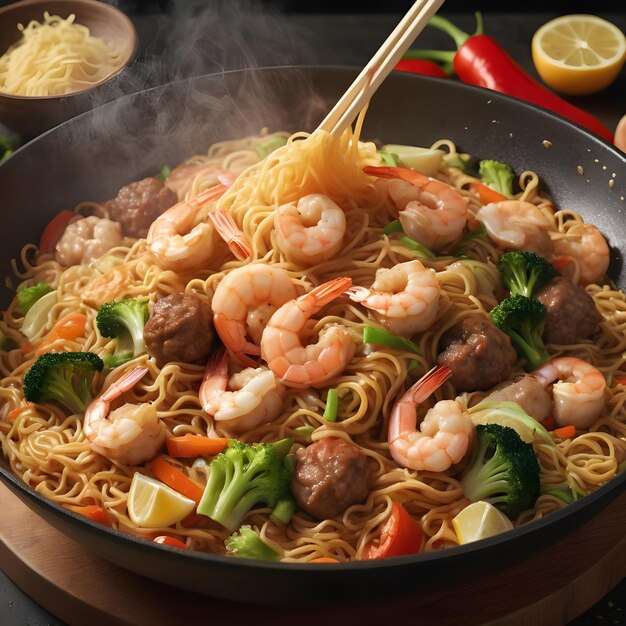 A pan of hot and tasty seafood fried noodle