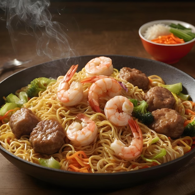 A pan of hot and tasty seafood fried noodle