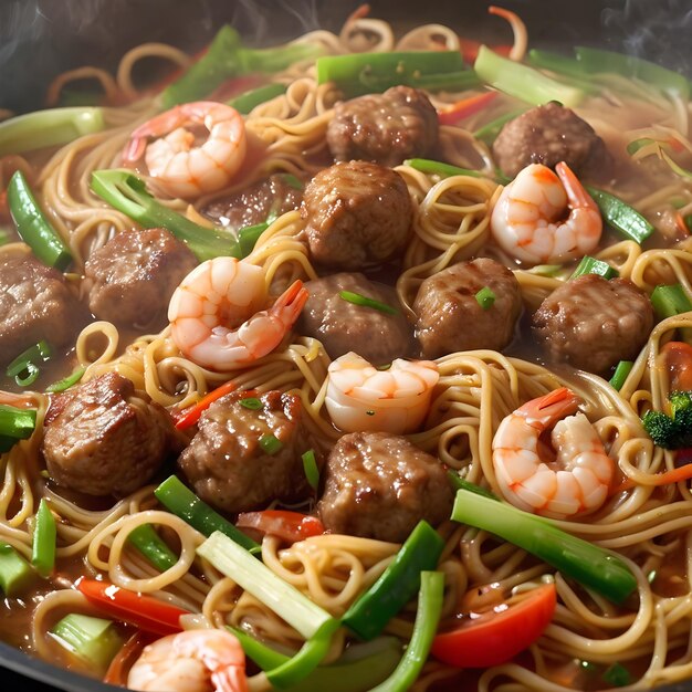 A pan of hot and tasty seafood fried noodle