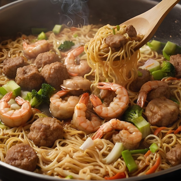 A pan of hot and tasty seafood fried noodle