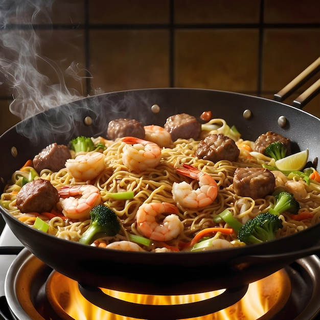 A pan of hot and tasty seafood fried noodle