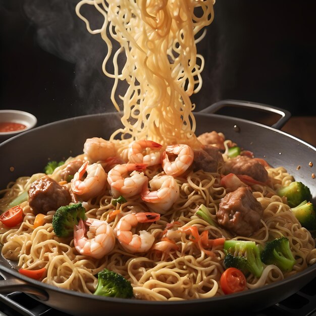 A pan of hot and tasty seafood fried noodle