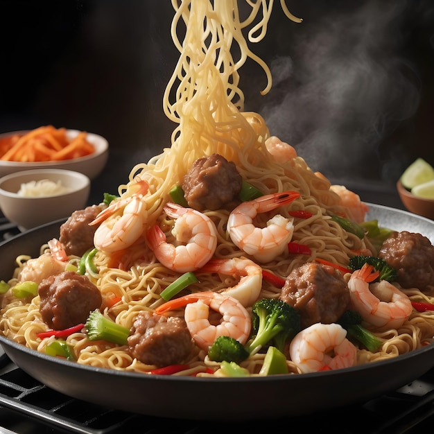 A pan of hot and tasty seafood fried noodle