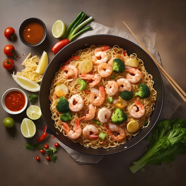 A pan of hot and tasty seafood fried noodle