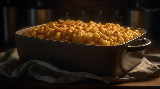 A pan of macaroni and cheese sits on a table.