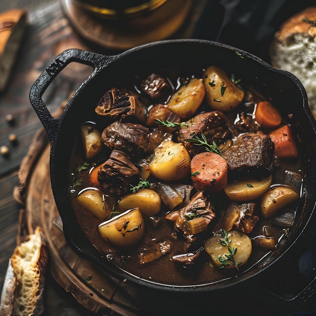 Photo a pan of meat stew with a pot of beer and bread