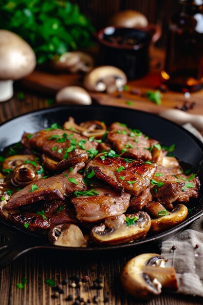 a pan of meat with mushrooms and mushrooms in a pan