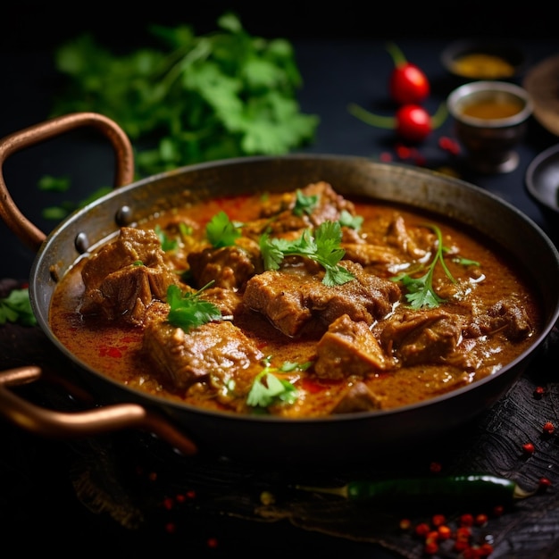 a pan of meat with a pot of parsley on it