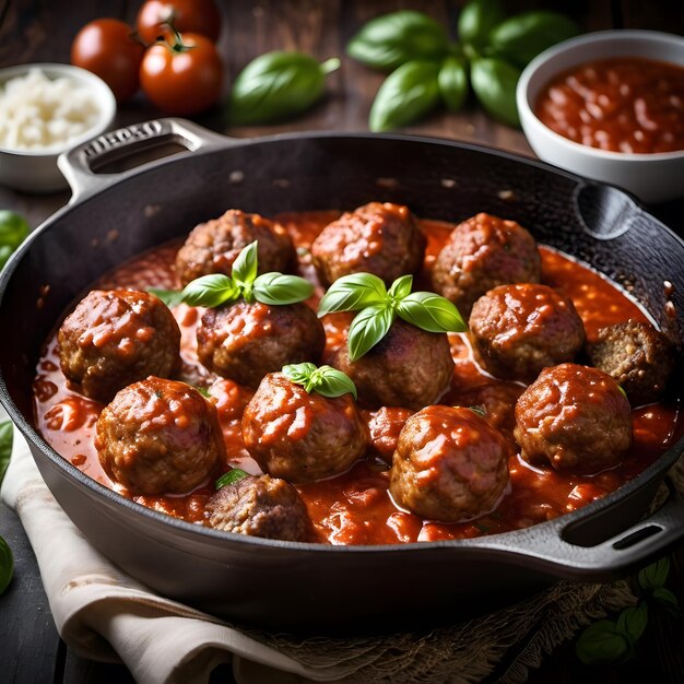 a pan of meatballs with tomato sauce and basil