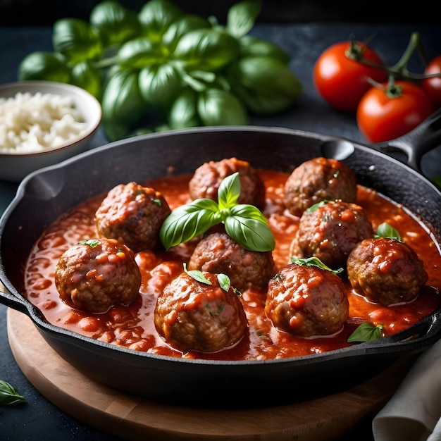 a pan of meatballs with tomato sauce and basil