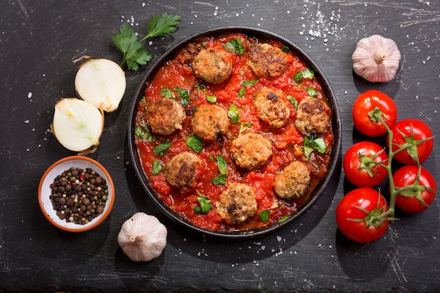 Pan of meatballs with tomato sauce on dark table