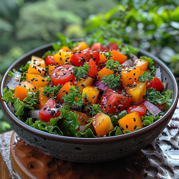 a pan of mixed vegetables with herbs and spices on it