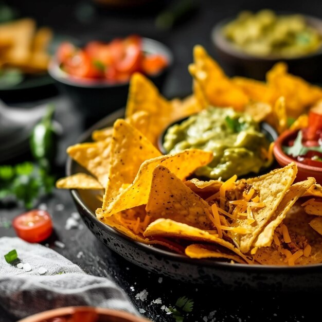 Photo a pan of nacho chips with a black background