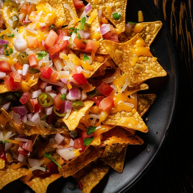 Photo a pan of nacho chips with a black background