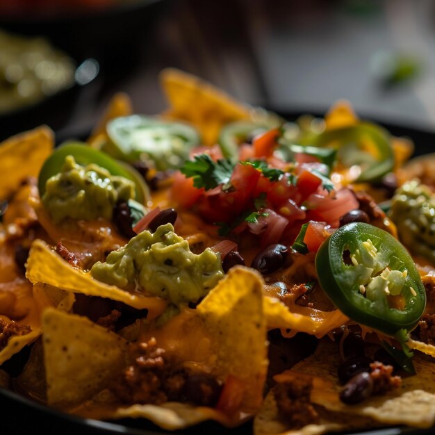 Photo a pan of nacho chips with a black background