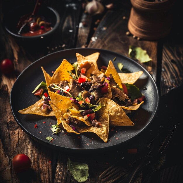 Photo a pan of nacho chips with a black background