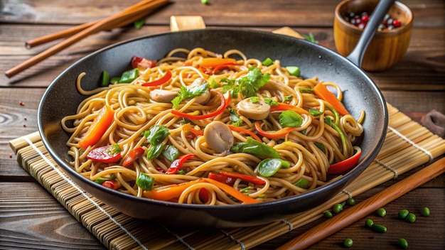 Photo a pan of noodles with vegetables and meat and vegetables