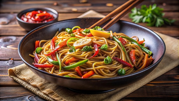 Photo a pan of noodles with vegetables and noodles on it