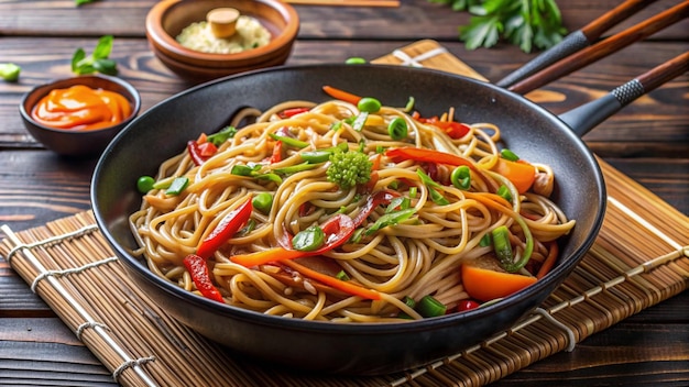 a pan of noodles with vegetables and noodles on it