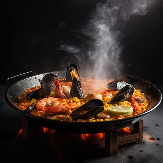 A pan of paella with mussels and limes is cooking on a fire.