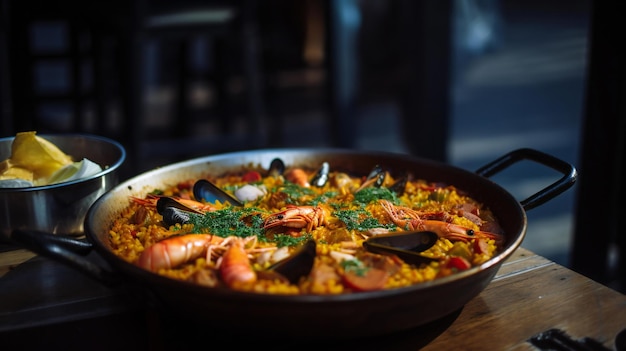 A pan of paella with mussels and mussels in it