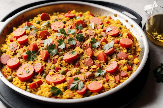 A pan of paella with sausages and rice