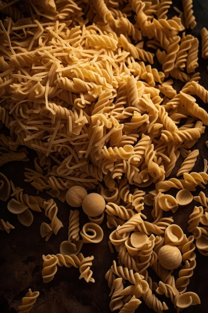 A pan of pasta with a few small round pieces of pasta on it.