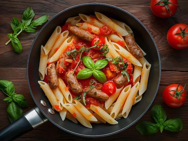 a pan of pasta with sausages and tomatoes and sausage