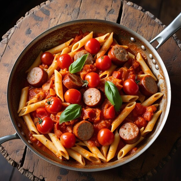 Photo a pan of pasta with tomatoes sausage and tomatoes