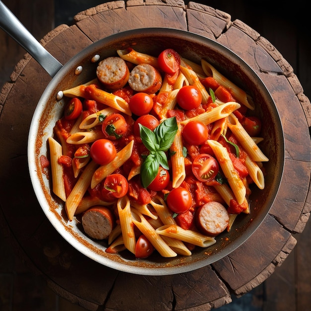 Photo a pan of pasta with tomatoes tomatoes and sausage