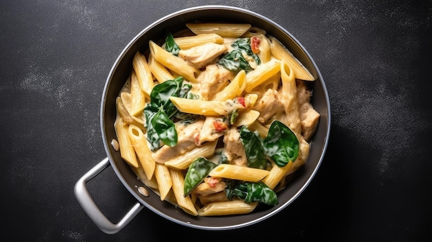 A pan of penne pasta with chicken and spinach