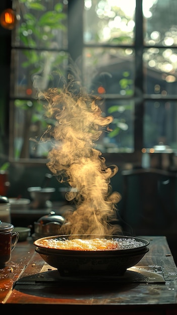 a pan of pizza is on a table with a steam coming out of it