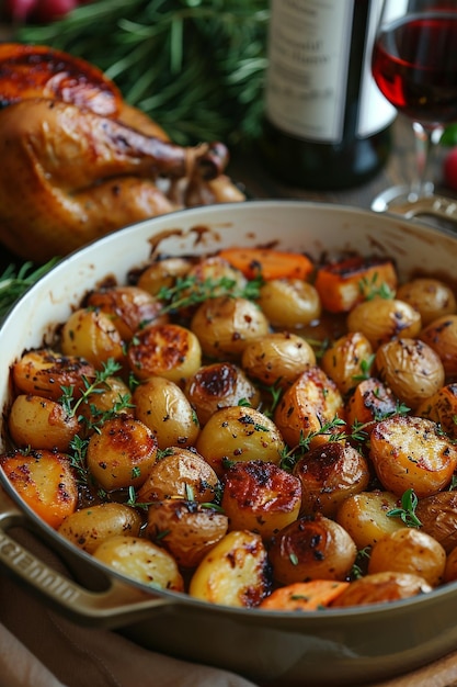 a pan of potatoes with a bottle of wine next to it