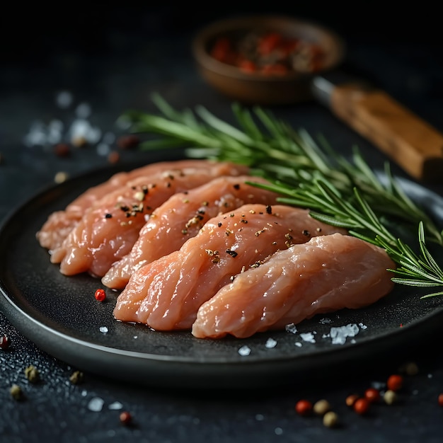 a pan of raw salmon with herbs on it and spices on the table