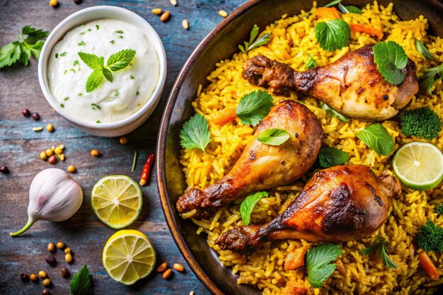 a pan of rice with chicken and lemon slices