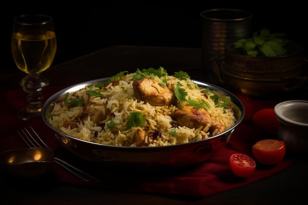 a pan of rice with chicken and rice and a bottle of wine